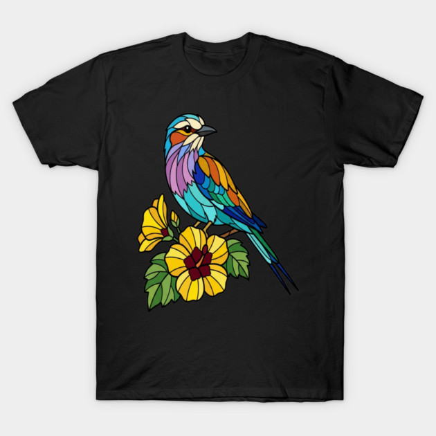 Stained Glass Lilac Breasted Roller Floral Art T-Shirt by BirdsnStuff