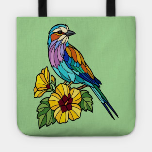 Stained Glass Lilac Breasted Roller Floral Art Tote