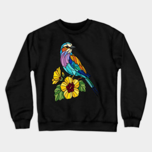 Stained Glass Lilac Breasted Roller Floral Art Crewneck Sweatshirt