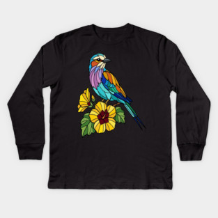 Stained Glass Lilac Breasted Roller Floral Art Kids Long Sleeve T-Shirt