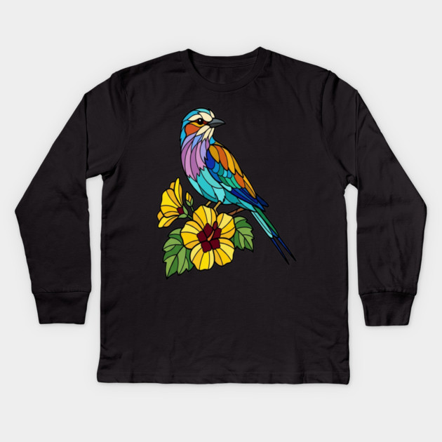 Stained Glass Lilac Breasted Roller Floral Art Kids Long Sleeve T-Shirt by BirdsnStuff