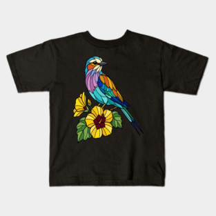 Stained Glass Lilac Breasted Roller Floral Art Kids T-Shirt