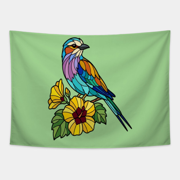 Stained Glass Lilac Breasted Roller Floral Art Tapestry by BirdsnStuff