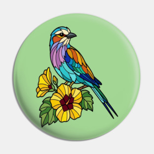 Stained Glass Lilac Breasted Roller Floral Art Pin