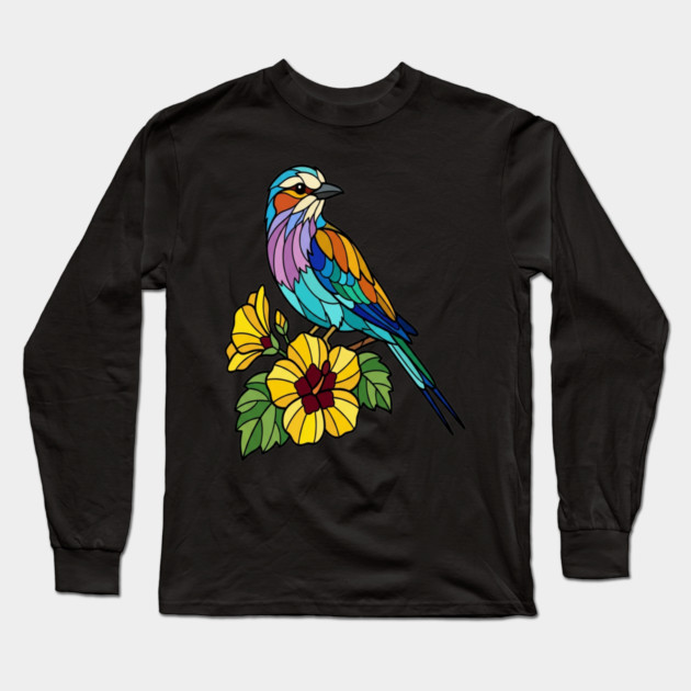Stained Glass Lilac Breasted Roller Floral Art Long Sleeve T-Shirt by BirdsnStuff