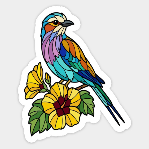 Stained Glass Lilac Breasted Roller Floral Art Magnet by BirdsnStuff