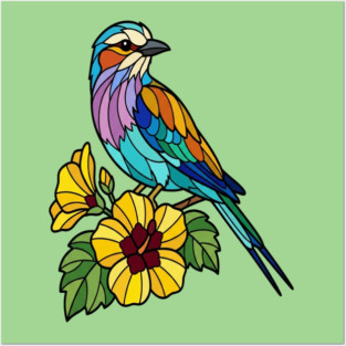 Stained Glass Lilac Breasted Roller Floral Art Posters and Art