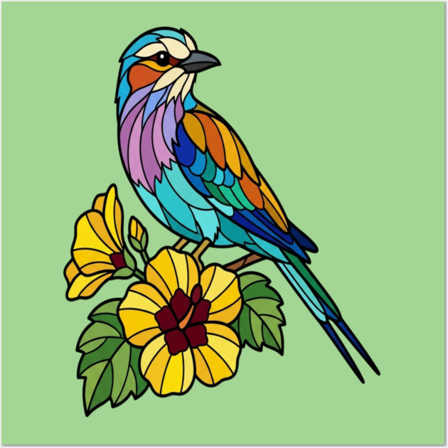 Stained Glass Lilac Breasted Roller Floral Art Wall Art by BirdsnStuff