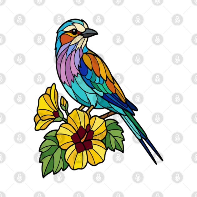 Stained Glass Lilac Breasted Roller Floral Art by BirdsnStuff