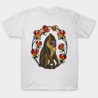 Stained Glass Mandrill Primate Floral Art T-Shirt
