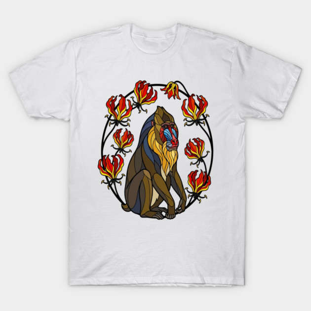 Stained Glass Mandrill Primate Floral Art T-Shirt by BirdsnStuff