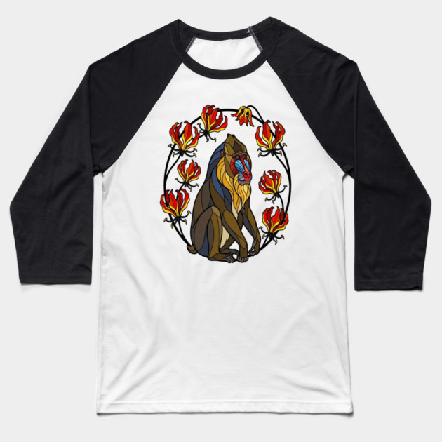 Stained Glass Mandrill Primate Floral Art Baseball T-Shirt by BirdsnStuff