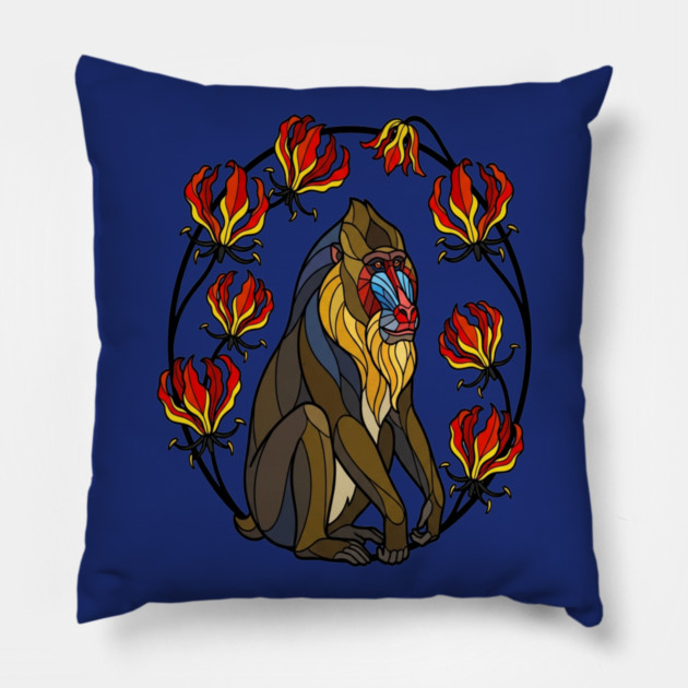 Stained Glass Mandrill Primate Floral Art Pillow by BirdsnStuff