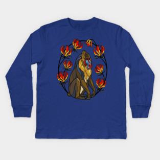 Stained Glass Mandrill Primate Floral Art Kids Long Sleeve T-Shirt