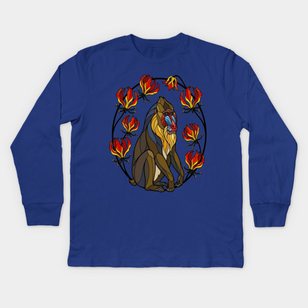 Stained Glass Mandrill Primate Floral Art Kids Long Sleeve T-Shirt by BirdsnStuff