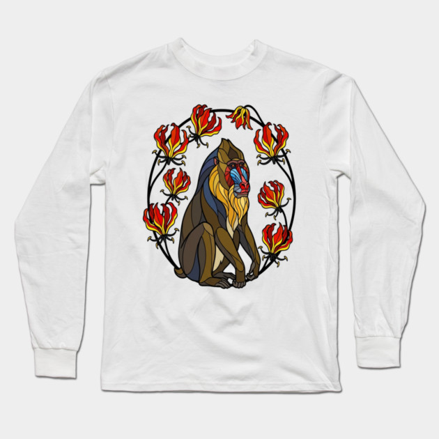 Stained Glass Mandrill Primate Floral Art Long Sleeve T-Shirt by BirdsnStuff