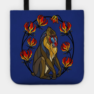 Stained Glass Mandrill Primate Floral Art Tote