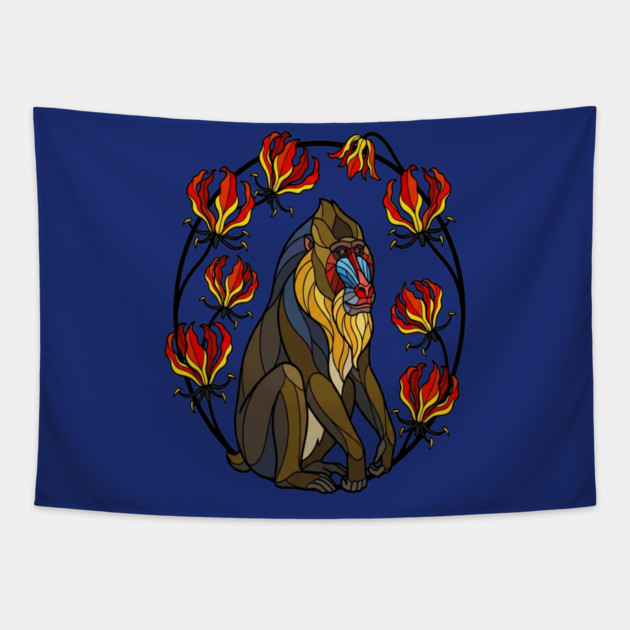 Stained Glass Mandrill Primate Floral Art Tapestry by BirdsnStuff