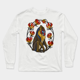 Stained Glass Mandrill Primate Floral Art Long Sleeve T-Shirt