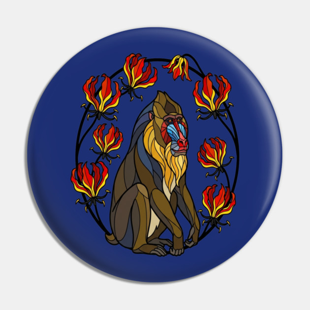 Stained Glass Mandrill Primate Floral Art Pin by BirdsnStuff
