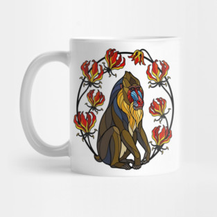 Stained Glass Mandrill Primate Floral Art Mug