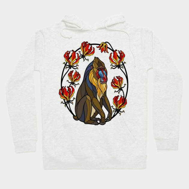 Stained Glass Mandrill Primate Floral Art Hoodie by BirdsnStuff