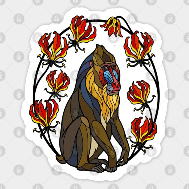 Stained Glass Mandrill Primate Floral Art Sticker by BirdsnStuff
