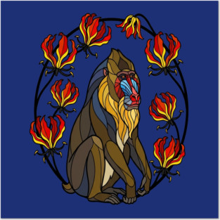 Stained Glass Mandrill Primate Floral Art Posters and Art
