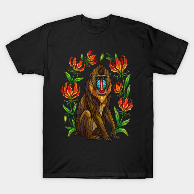 Stained Glass Mandrill Botanical Wildlife illustration T-Shirt by BirdsnStuff