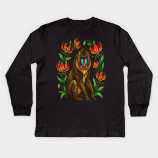 Stained Glass Mandrill Botanical Wildlife illustration Kids Long Sleeve T-Shirt