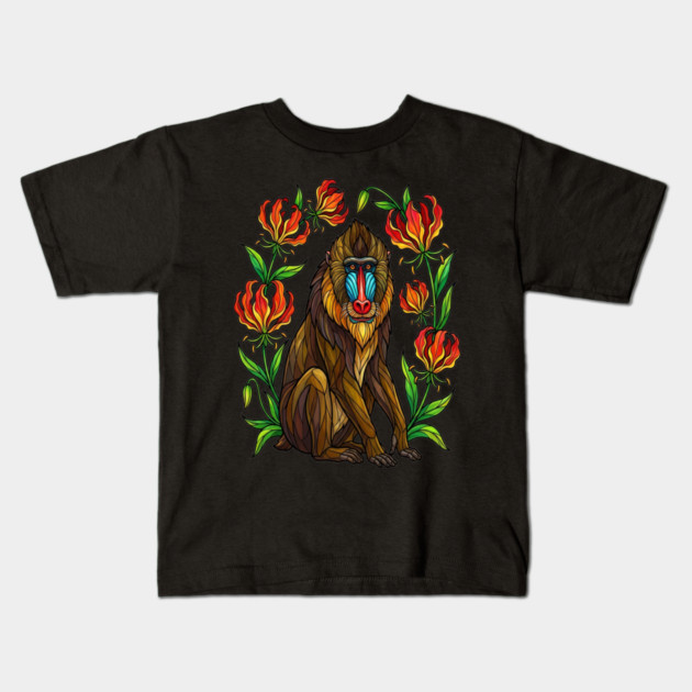 Stained Glass Mandrill Botanical Wildlife illustration Kids T-Shirt by BirdsnStuff