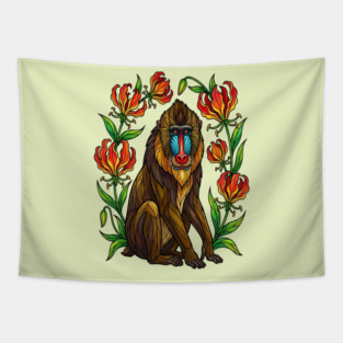 Stained Glass Mandrill Botanical Wildlife illustration Tapestry
