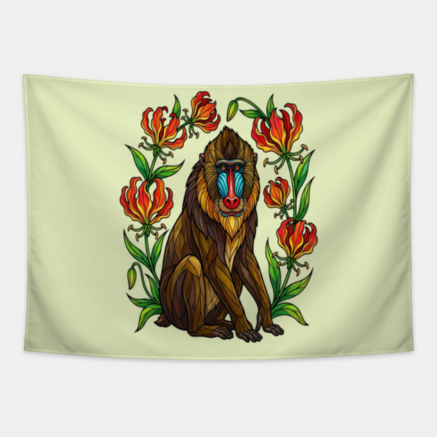 Stained Glass Mandrill Botanical Wildlife illustration Tapestry by BirdsnStuff
