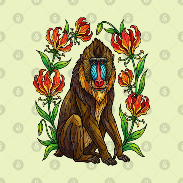 Stained Glass Mandrill Botanical Wildlife illustration by BirdsnStuff