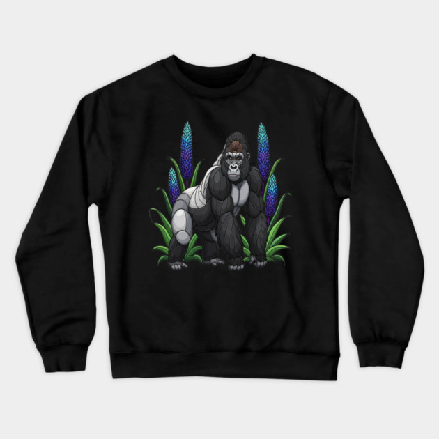 Stained Glass Mountain Gorilla Botanical Art Crewneck Sweatshirt by BirdsnStuff