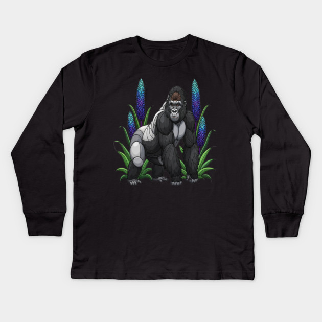 Stained Glass Mountain Gorilla Botanical Art Kids Long Sleeve T-Shirt by BirdsnStuff