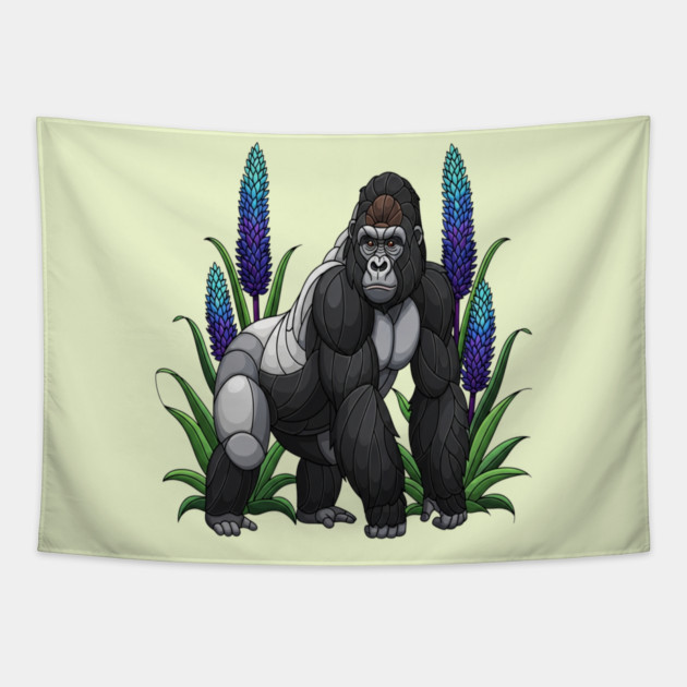 Stained Glass Mountain Gorilla Botanical Art Tapestry by BirdsnStuff