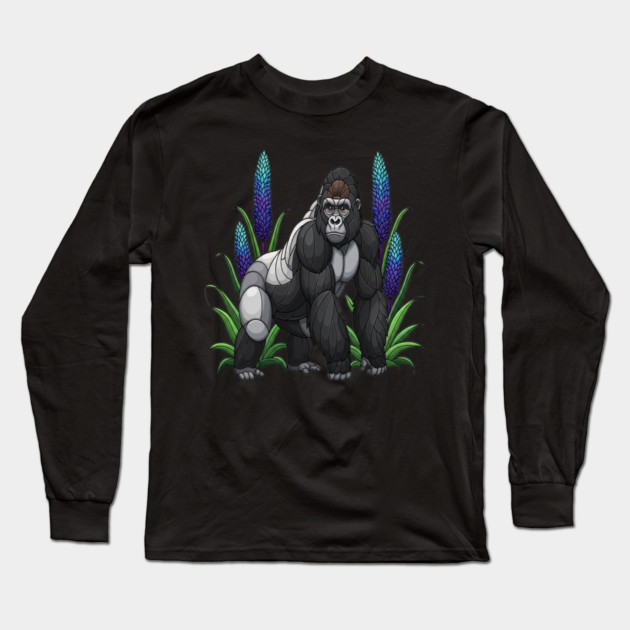 Stained Glass Mountain Gorilla Botanical Art Long Sleeve T-Shirt by BirdsnStuff
