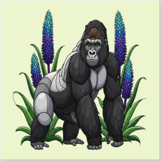 Stained Glass Mountain Gorilla Botanical Art Posters and Art