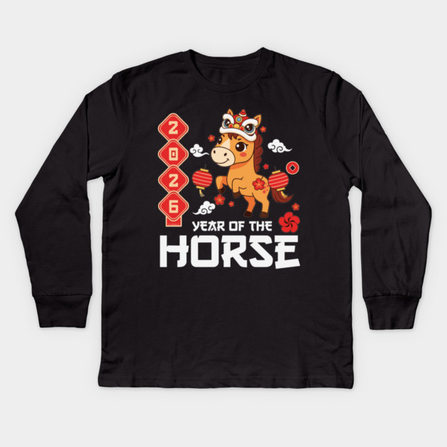 Year of The Horse 2026 Cute Kawaii Chinese New Year Kids Kids Long Sleeve T-Shirt by Chi's Store 1