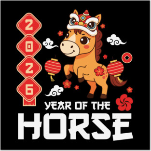 Year of The Horse 2026 Cute Kawaii Chinese New Year Kids Posters and Art