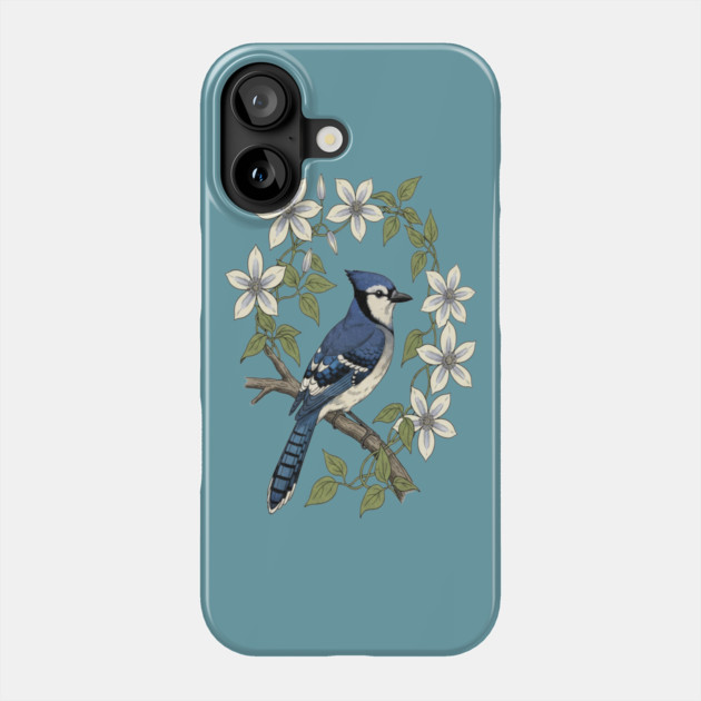 Blue Jay Clematis Botanical Bird Art Phone Case by BirdsnStuff