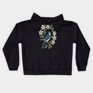 Blue Jay Clematis Botanical Bird Art Kids Hoodie