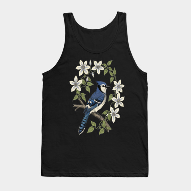 Blue Jay Clematis Botanical Bird Art Tank Top by BirdsnStuff