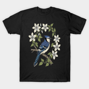 Blue Jay Clematis Botanical Bird Art T-Shirt
