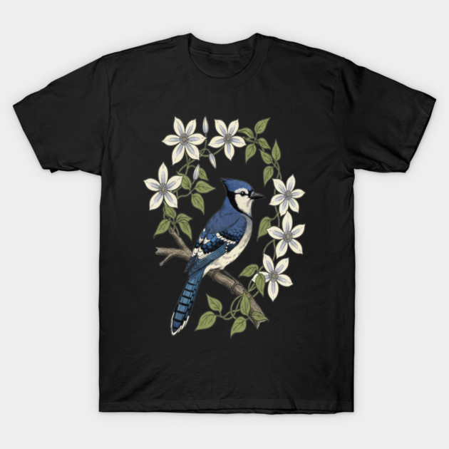 Blue Jay Clematis Botanical Bird Art T-Shirt by BirdsnStuff