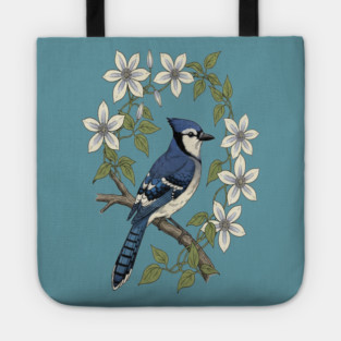 Blue Jay Clematis Botanical Bird Art Tote