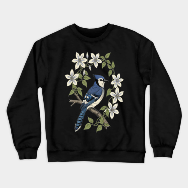 Blue Jay Clematis Botanical Bird Art Crewneck Sweatshirt by BirdsnStuff