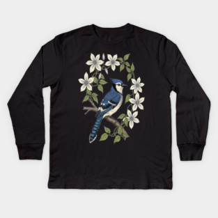 Blue Jay Clematis Botanical Bird Art Kids Long Sleeve T-Shirt