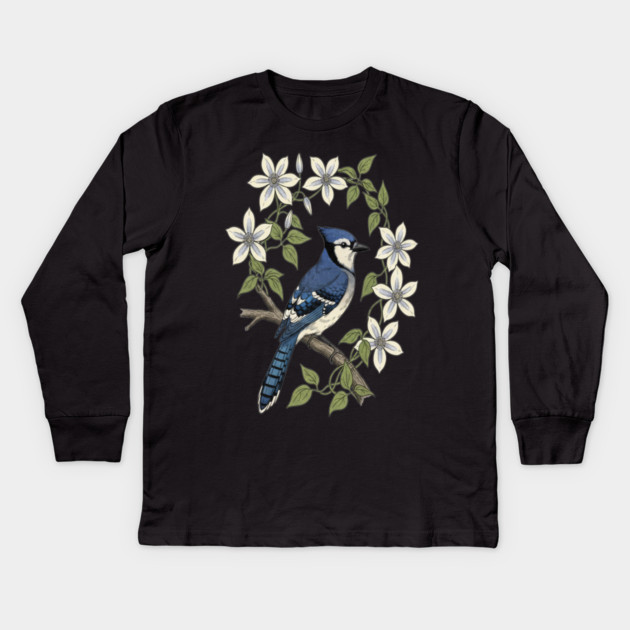 Blue Jay Clematis Botanical Bird Art Kids Long Sleeve T-Shirt by BirdsnStuff